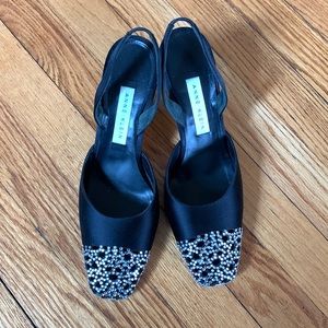 Anne Klein Black Satin & Leather Slingback Heels, 3 inches, gently worn